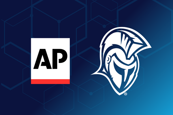 AP News Logo and Trojan logo over a dark blue background with hexagons.